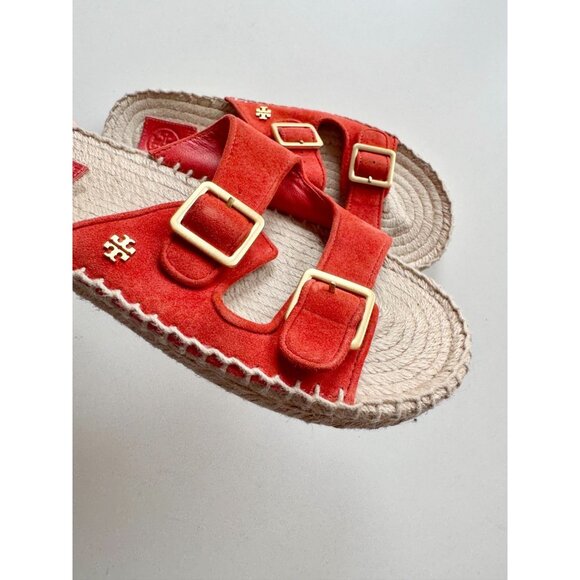 TORY BURCH Orange Suede Double Buckle Espadrille Slide Sandals, Size 7.5 - Picture 3 of 13